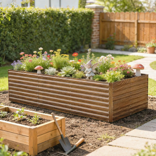 8' x 4' x 2' Raised Garden Bed, Galvanized Planter Box, Dark Brown Wood Effect, Dark Brown