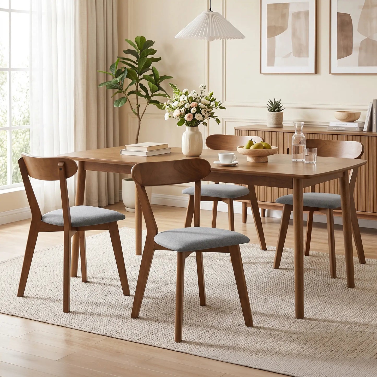 Upholstered Linen Kitchen Chairs, Rubberwood Legs, Set of 4, Grey Brown, Grey Brown