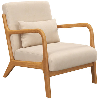 Retro Velvet Accent Chair, Wood Legs, Beige, Bedroom Lounge, Beige
