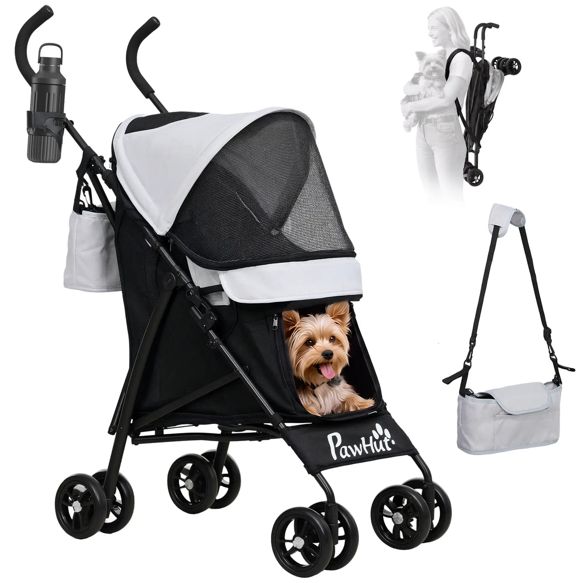 Foldable Dog Stroller, Lightweight, Storage Bag, Cup Holder, Light Grey Dog Bike Trailers & Strollers at Gallery Canada