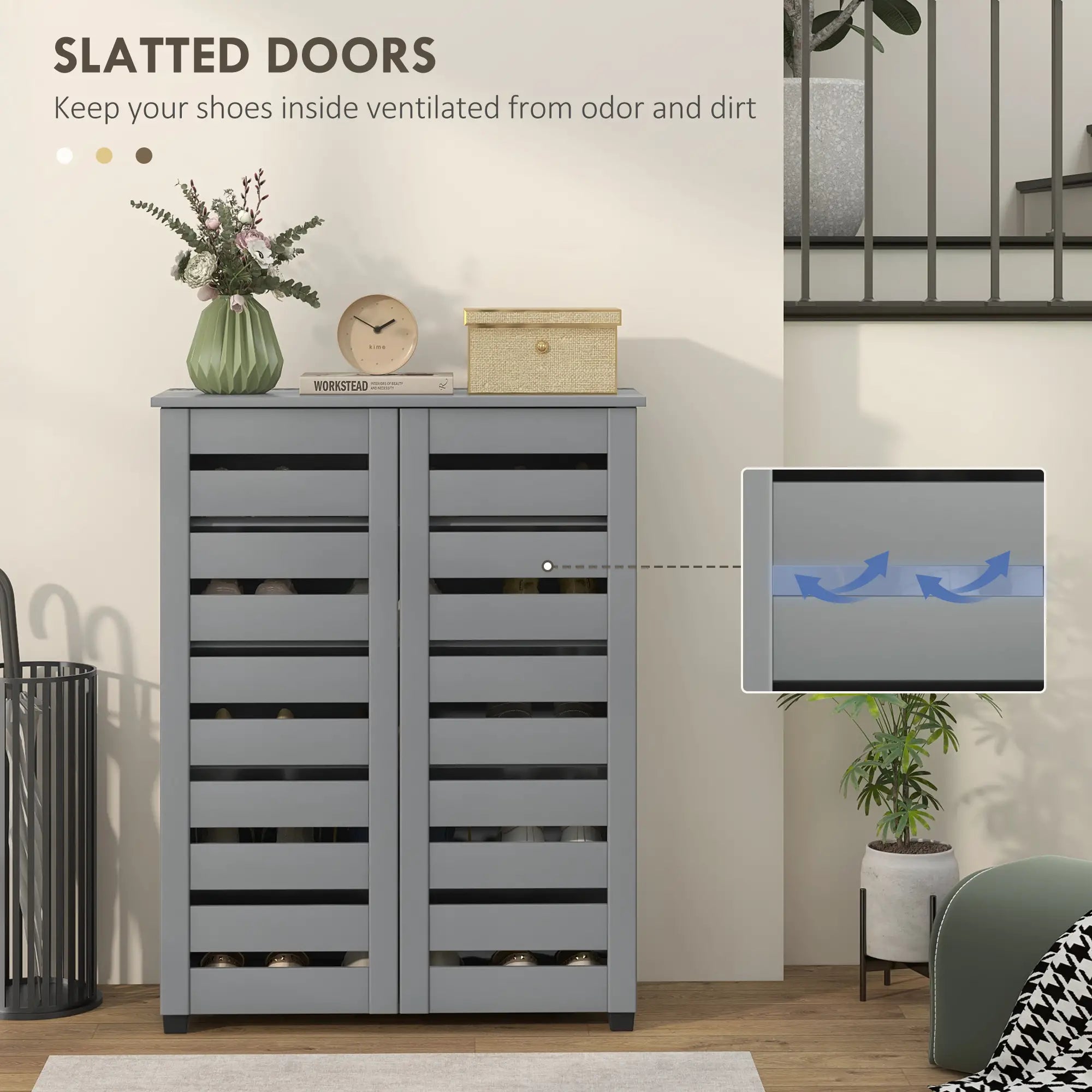 Shoe Storage Cabinet, 2 Slatted Doors, Holds 15 Pairs, Dark Grey Shoe Storage Cabinets & Racks at Gallery Canada