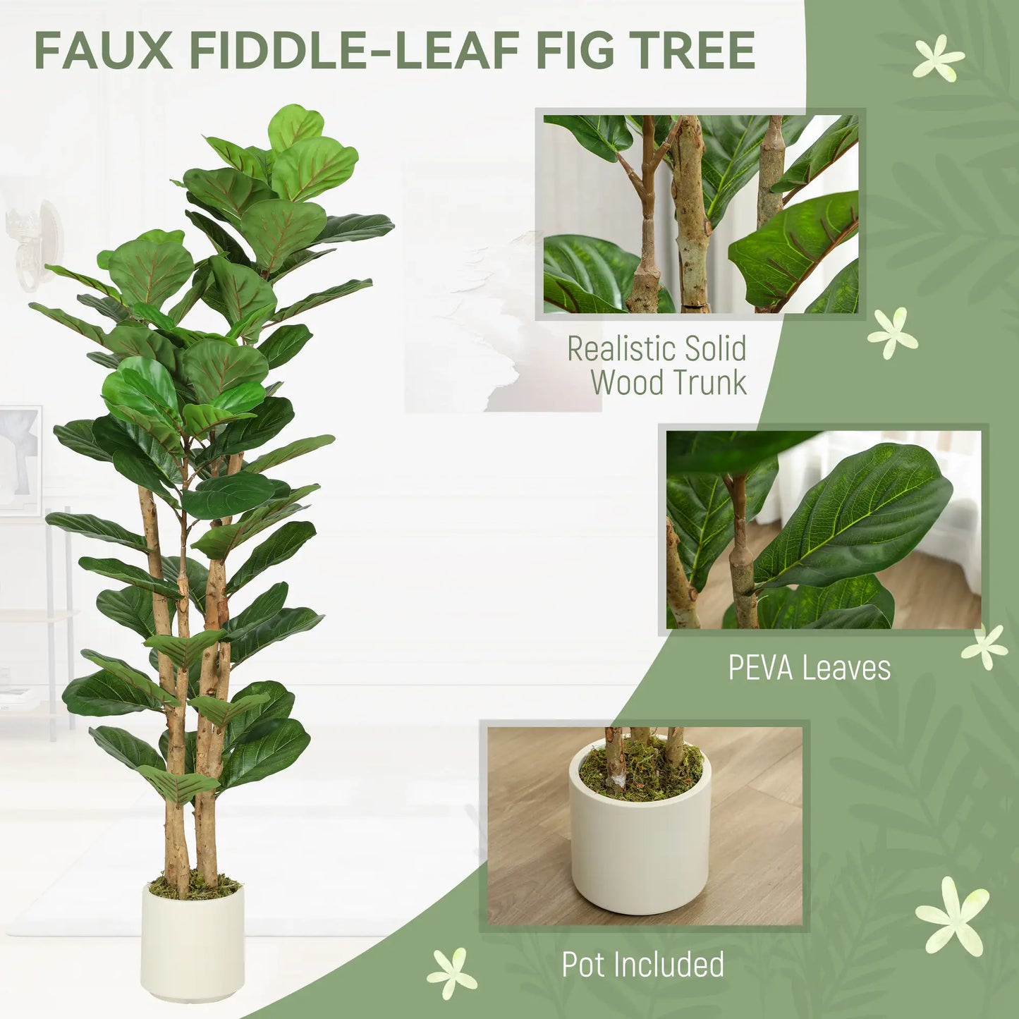 5FT Artificial Fiddle Leaf Fig Tree, Fake Potted Tree, Indoor Decor, Green Artificial Trees at Gallery Canada