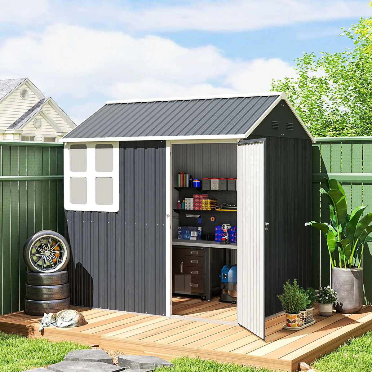 7' x 5.5' Metal Garden Shed, Outdoor Storage, Lockable Door, Dark Grey Sheds at Gallery Canada