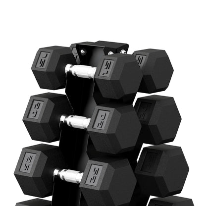Hex Dumbbell Set With Rack, 180lbs Rubber-Coated, black Dumbbells & Barbells at Gallery Canada