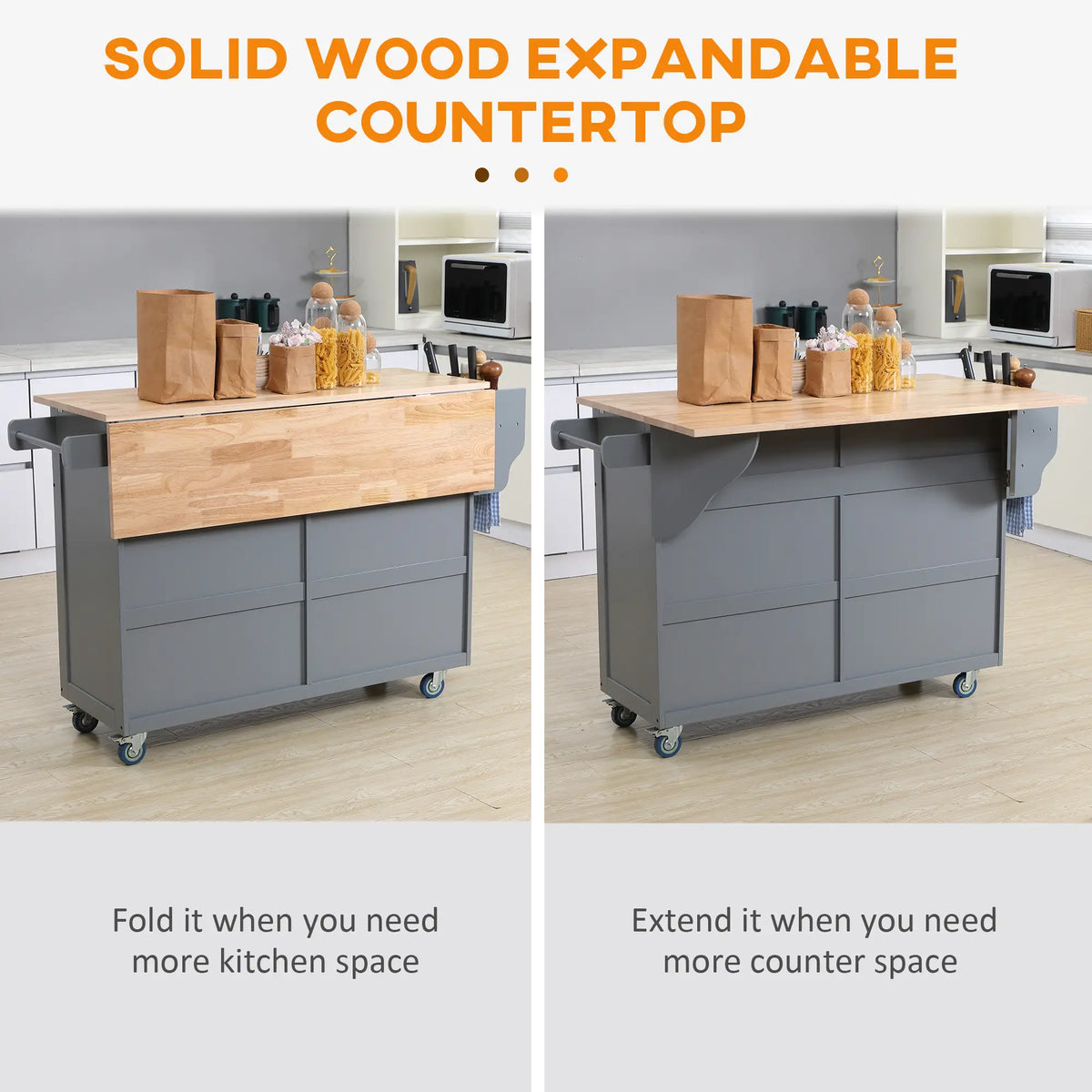 Kitchen Island with Storage, Drop Leaf, Rubber Wood Top, Adjustable Shelves, Grey Kitchen Islands & Kitchen Carts at Gallery Canada