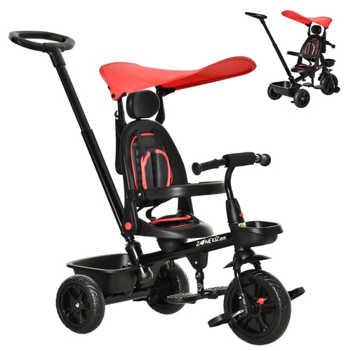 Kids Tricycle, 4 In 1 Trike, Adjustable Seat, Removable Canopy, Red