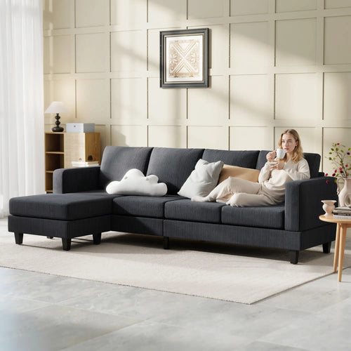 L Shaped Couch with Chaise Lounge, Spring Cushion, Charcoal Grey