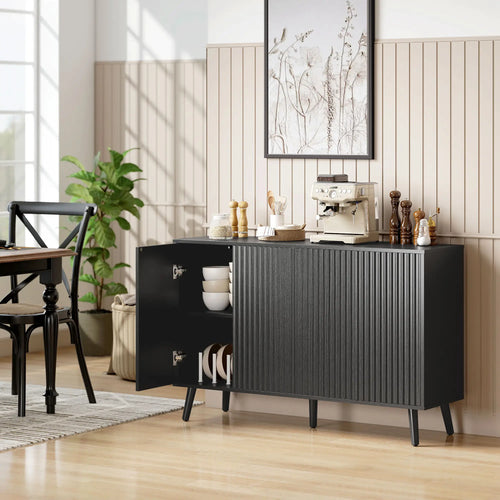 Buffet Cabinet with Storage, Modern Fluted Sideboard, Black