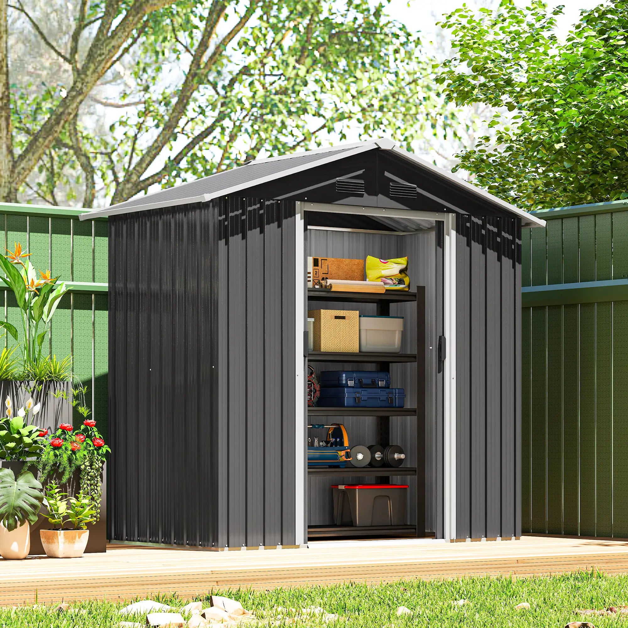 6.5x3.5ft Metal Garden Shed, Outdoor Tool Storage, Double Sliding Doors, Vents, Dark Grey Sheds at Gallery Canada
