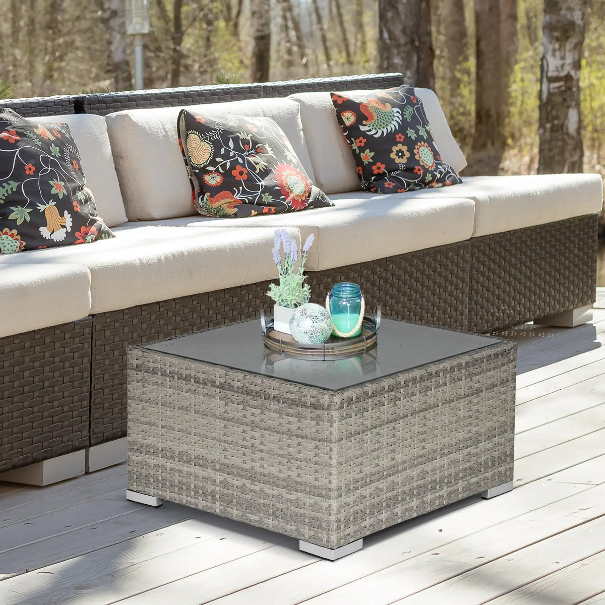 Rattan Garden Coffee Table, 25.6" Square, Tempered Glass Top, Grey Patio Side Tables at Gallery Canada