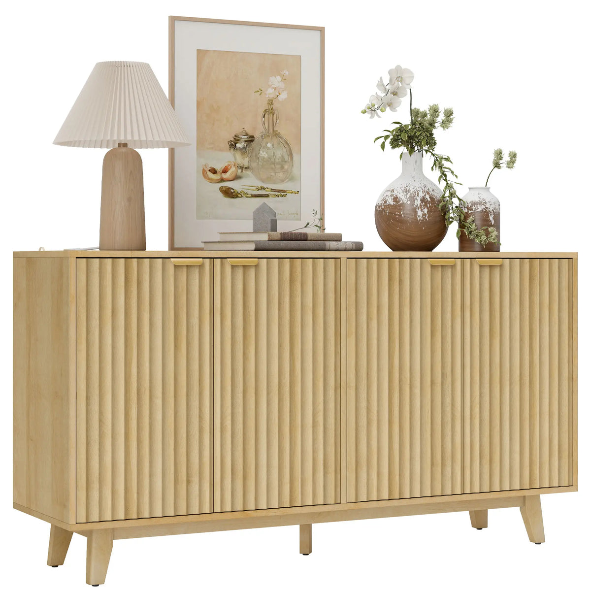 Fluted Sideboard Buffet, 55" Coffee Bar Cabinet, 4 Doors, 2 Shelves, Nature Wood Storage Cabinets at Gallery Canada