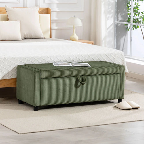 Storage Ottoman, Upholstered Corduroy Bench, Dark Green
