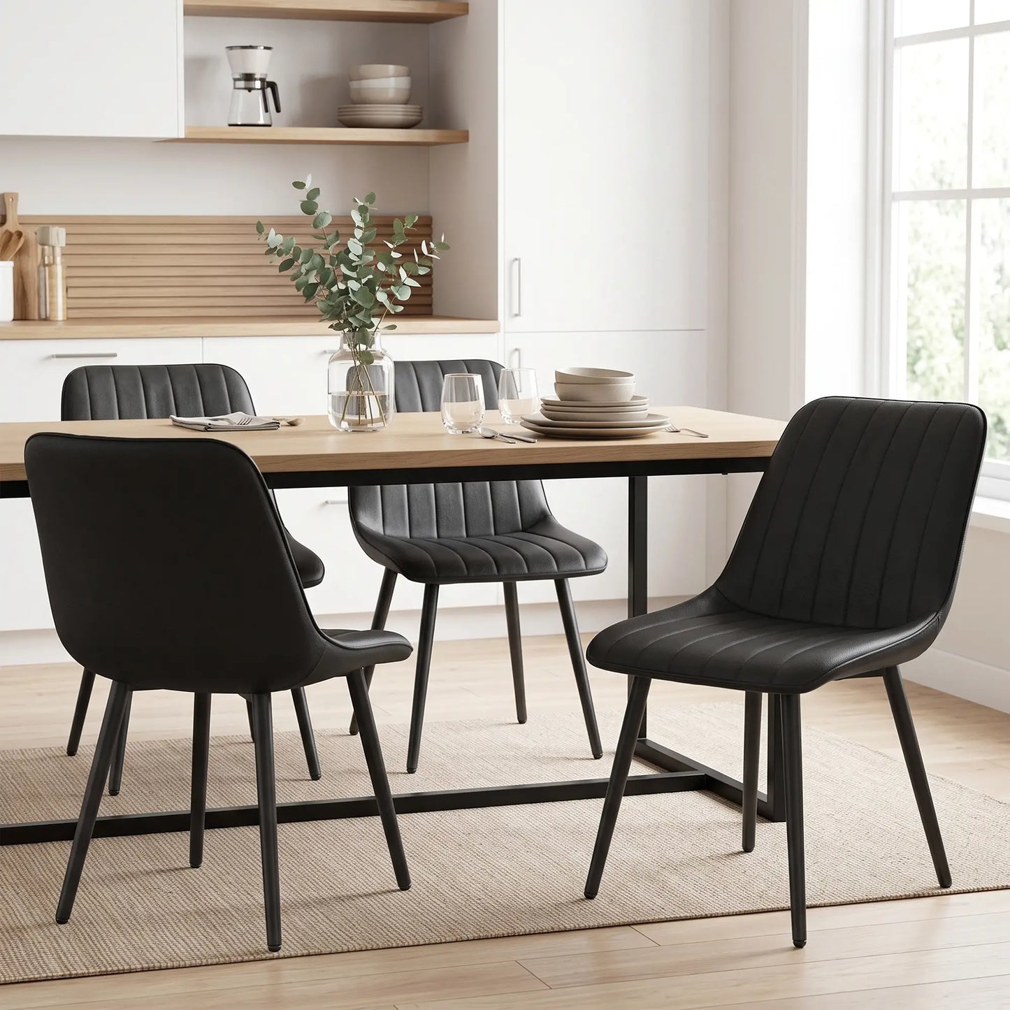 Faux Leather Dining Chairs Set of 4, Black Metal Legs, Black