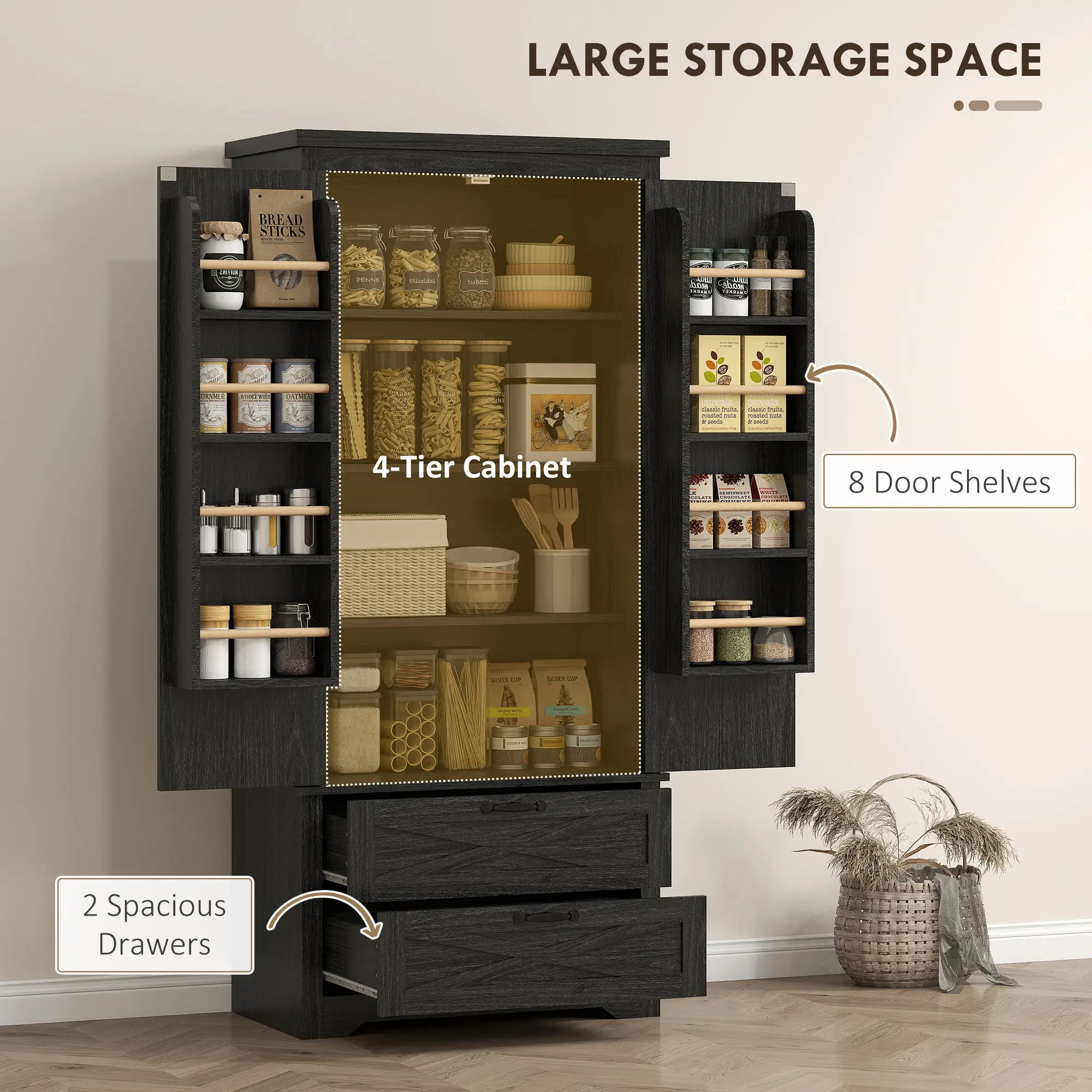 Farmhouse Kitchen Pantry Storage Cabinet, 64 Inch, Distressed Black Kitchen Pantry Cabinets at Gallery Canada