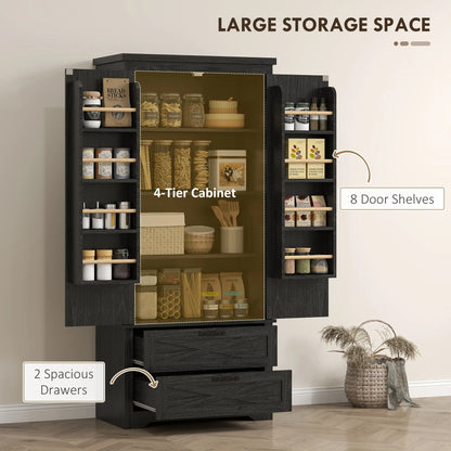 Farmhouse Kitchen Pantry Storage Cabinet, 64 Inch, Distressed Black Kitchen Pantry Cabinets at Gallery Canada