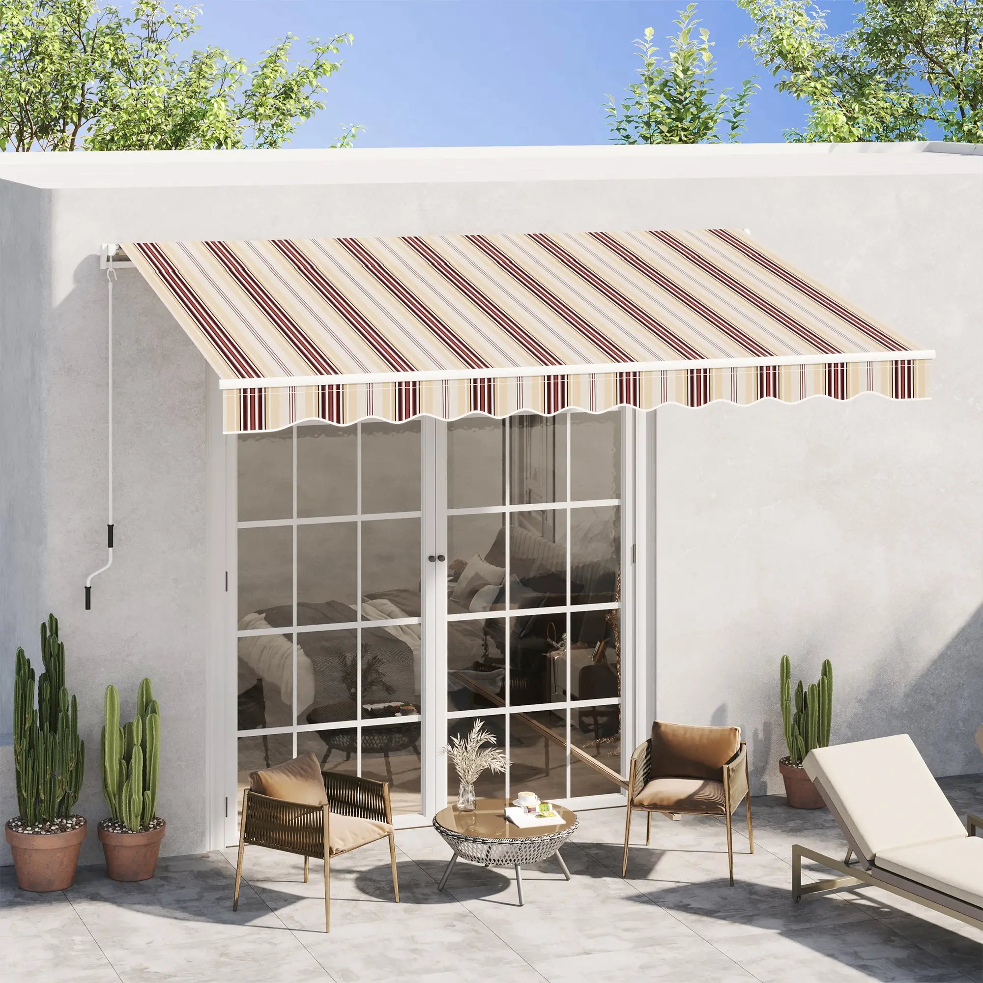 10' X 8' Manual Retractable Awning, Aluminum Frame, Red Stripe, Red Stripe Deck Awnings at Gallery Canada