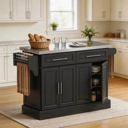 Rolling Kitchen Island with Storage, Stainless Steel Top, Drawers, Cabinets Kitchen Islands & Kitchen Carts Black at Gallery Canada