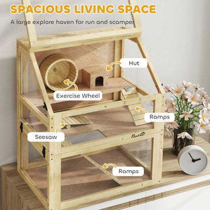 Wooden Hamster Cage, 3 Tier Gerbil Cage, 24" x 16" x 29.5", Hut, Seesaw, Wheel Hamster Cages at Gallery Canada