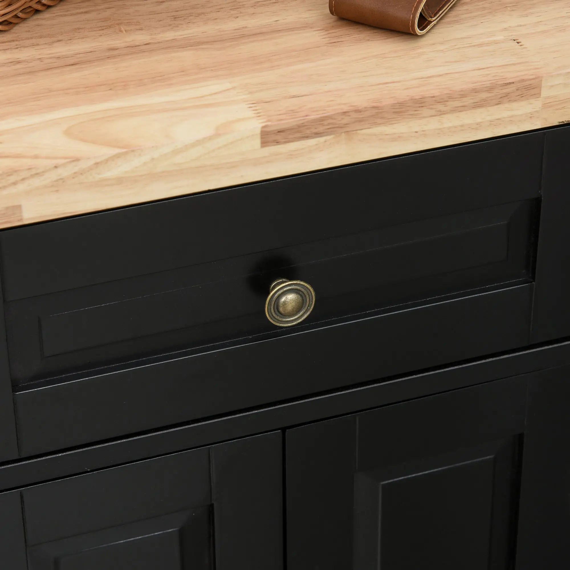 Kitchen Island with Storage, Rolling Trolley Cart with Rubber Wood Top, Spice Rack, Towel Rack, Black Kitchen Islands & Kitchen Carts at Gallery Canada