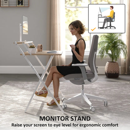 32" Folding Computer Desk with Monitor Shelf, Natural Wood Office Desks & Work Stations at Gallery Canada