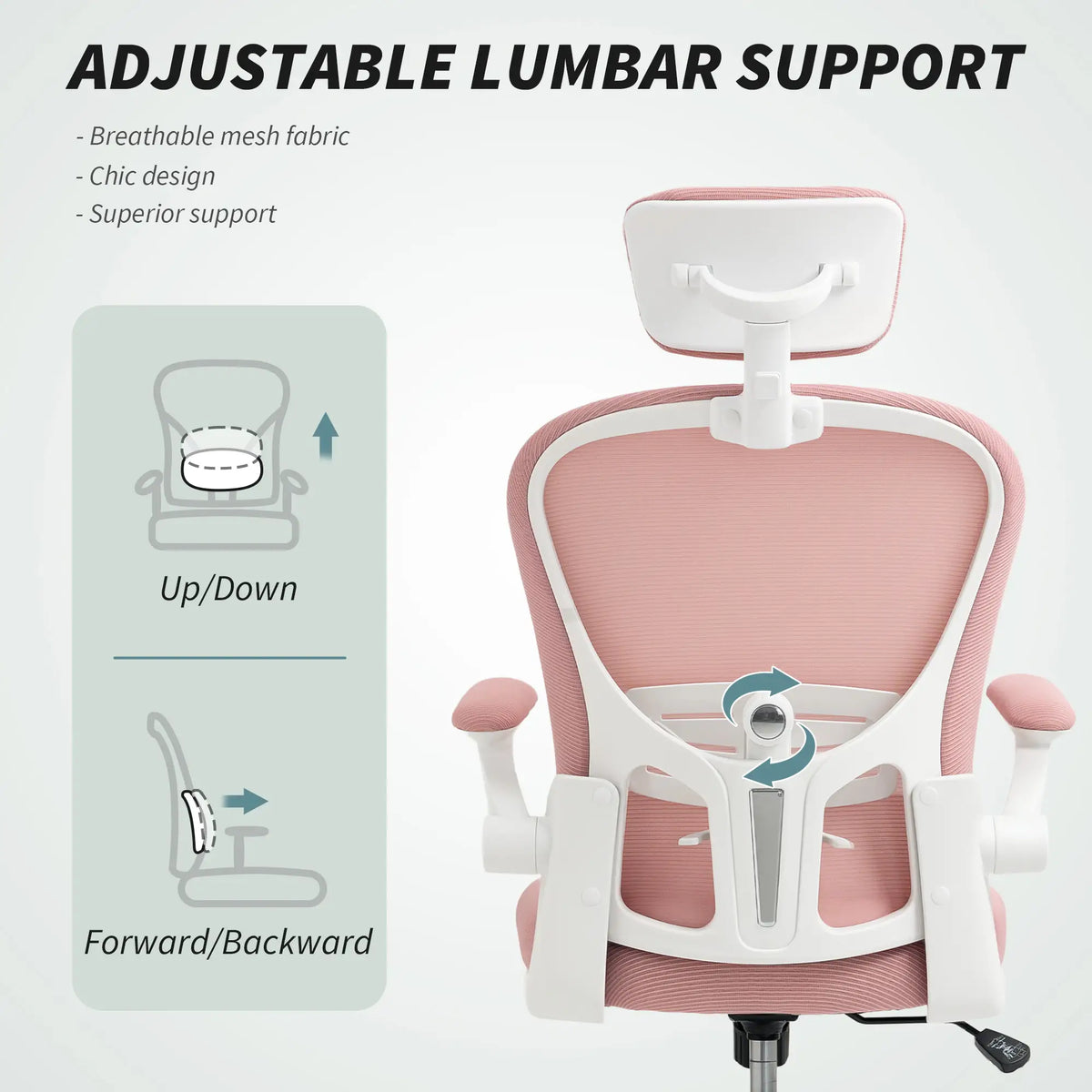 Mesh Office Chair, Adjustable Headrest, 4D Lumbar Support, Flip-Up Arm, Pink Office Chairs at Gallery Canada