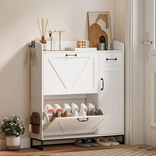 Farmhouse Shoe Storage Cabinet, Holds 12 Pairs, Adjustable Shelves, White