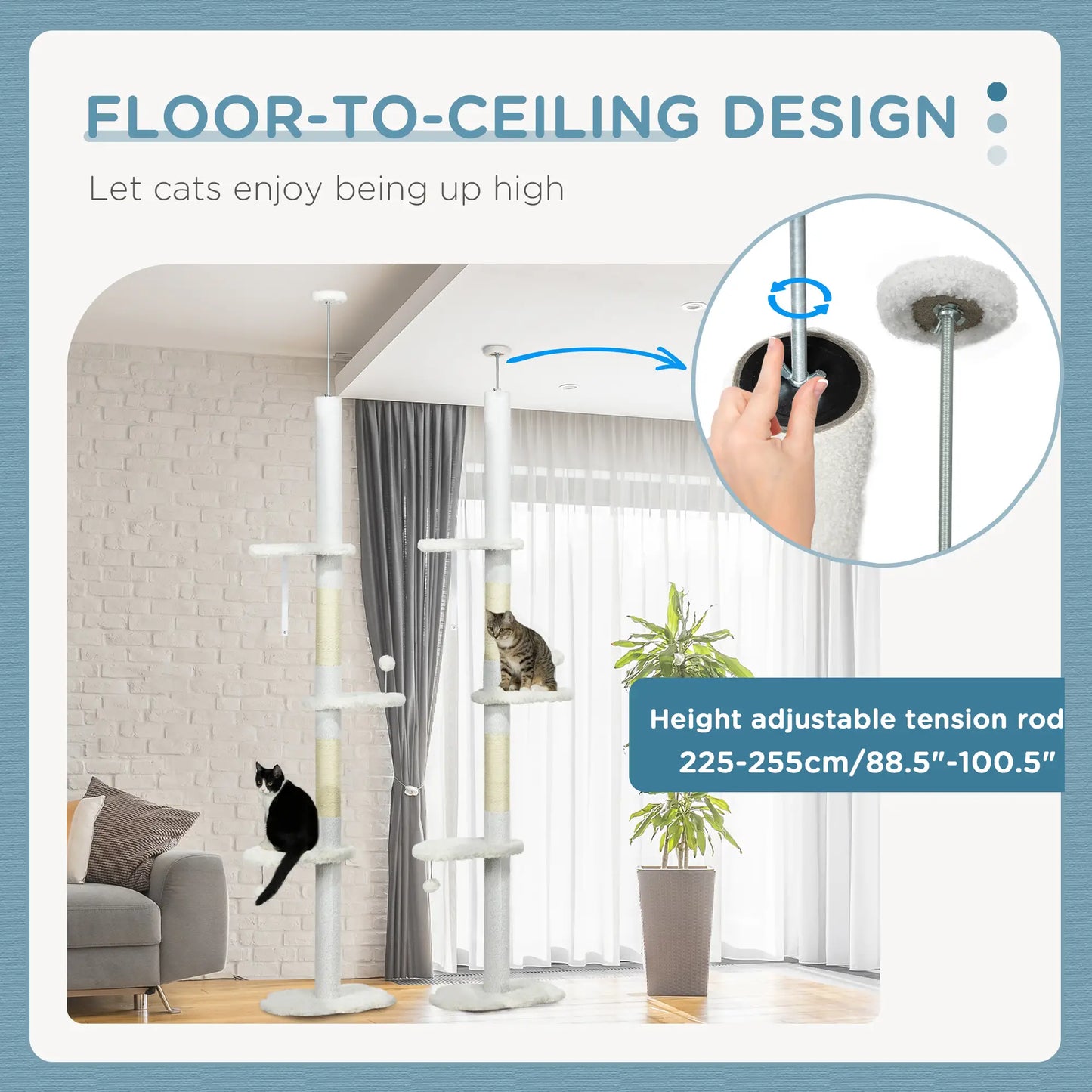 88.5"-100.5" Floor to Ceiling Cat Tree, Scratching Posts, Cloud Platforms, Dangling Balls, White Floor to Ceiling Cat Trees at Gallery Canada