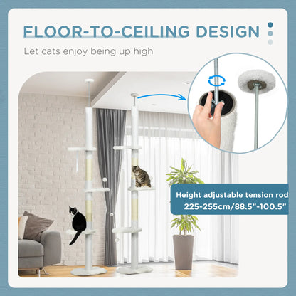 88.5"-100.5" Floor to Ceiling Cat Tree, Scratching Posts, Cloud Platforms, Dangling Balls, White Floor to Ceiling Cat Trees at Gallery Canada
