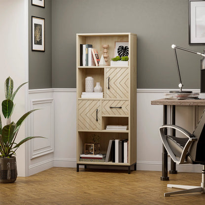 59" Bookcase, Storage Bookshelf with Cabinets, Drawer, Open Compartments, Nature Wood Bookcases With Doors at Gallery Canada
