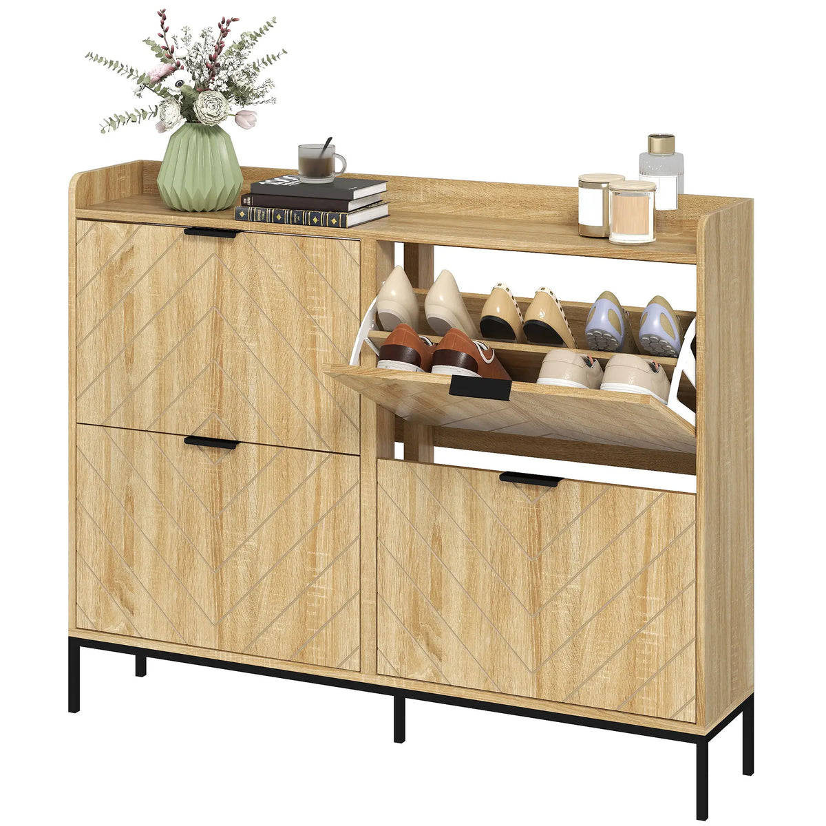 Narrow Shoe Storage Cabinet, 4 Flip Drawers, Holds 16 Pairs, Oak Shoe Storage Cabinets & Racks Oak, Black at Gallery Canada