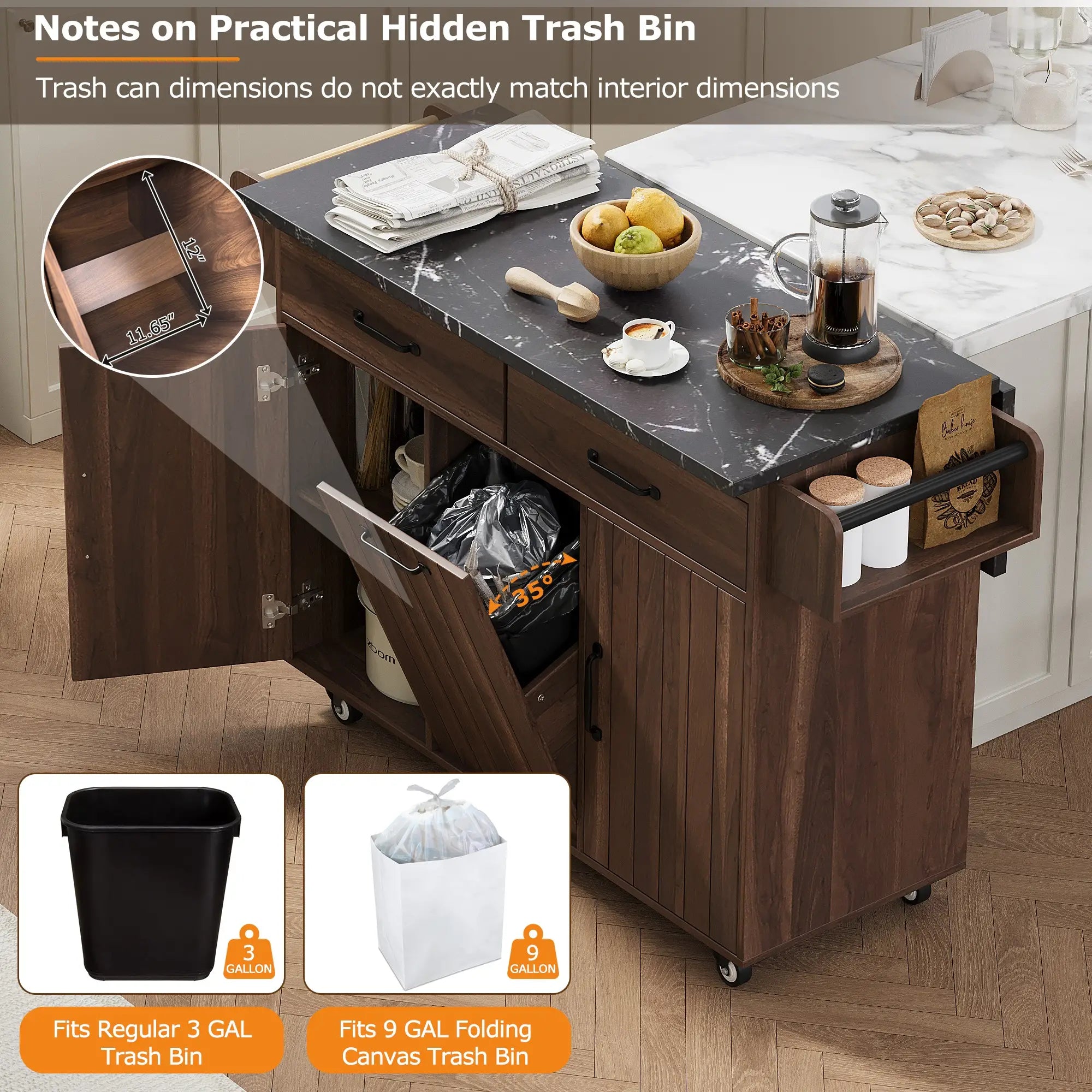Adjustable Shelf Island, Trash Cabinet, Spice Rack, 51