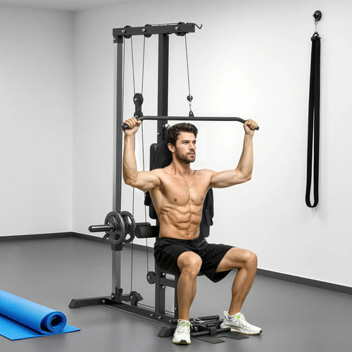 Lat Pull Down Machine, High Low Pulley, Adjustable Seat, Flip-Up Footplate, Black
