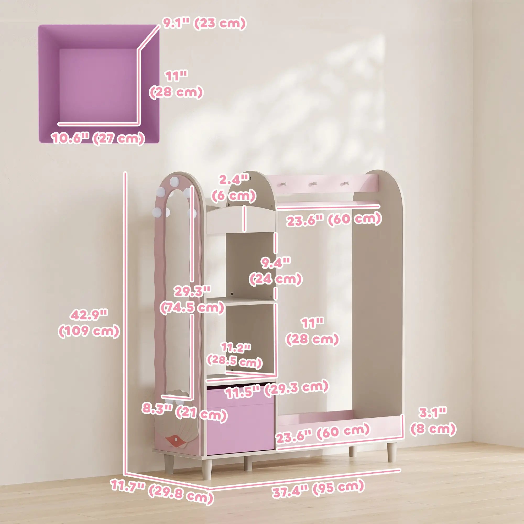 Kids Clothing Rack with Mirror, Drawer & Shelves, Pink Kids Bedroom Furniture at Gallery Canada