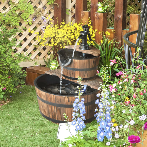 2-Tier Wooden Barrel Water Fountain, Electric Pump, Outdoor Indoor Decor