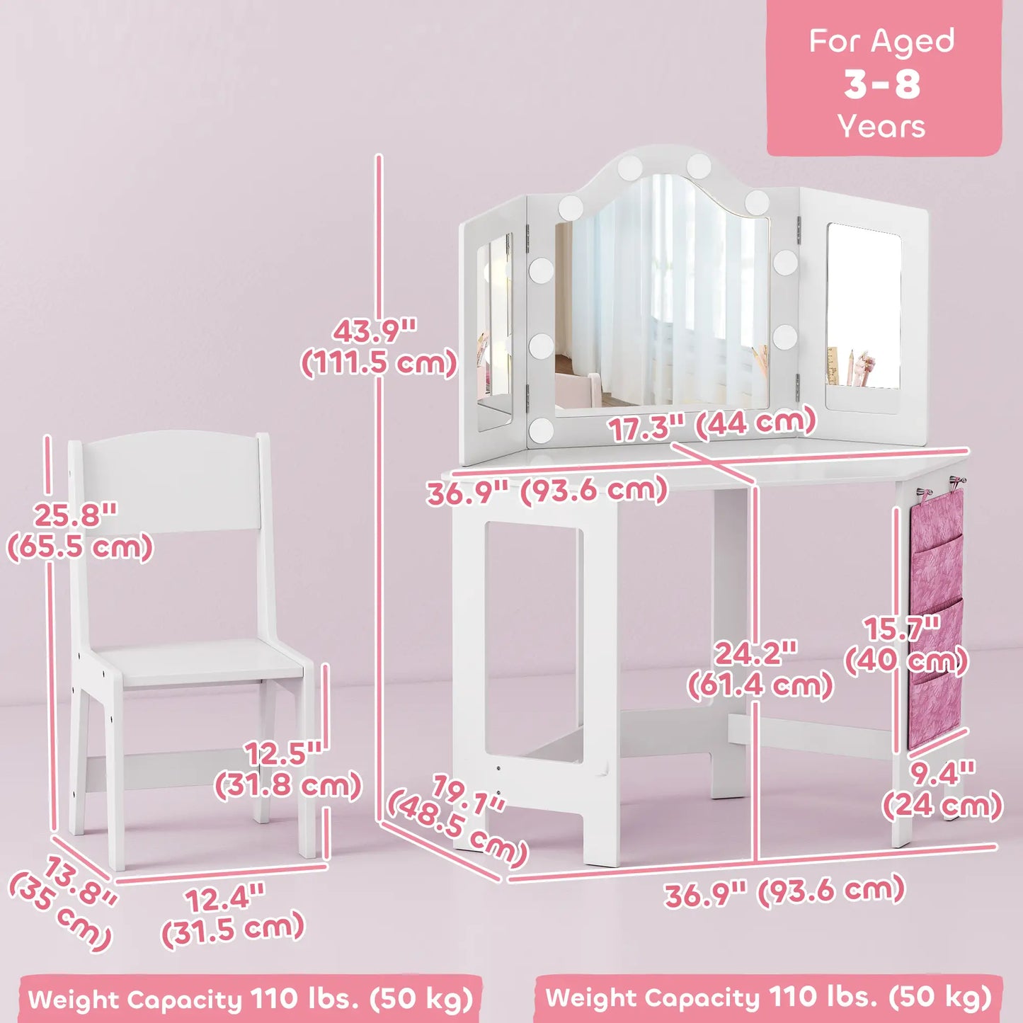 Kids Vanity Table and Chair Set with Lights, Tri-Fold Mirror, White Kids Bedroom Furniture at Gallery Canada