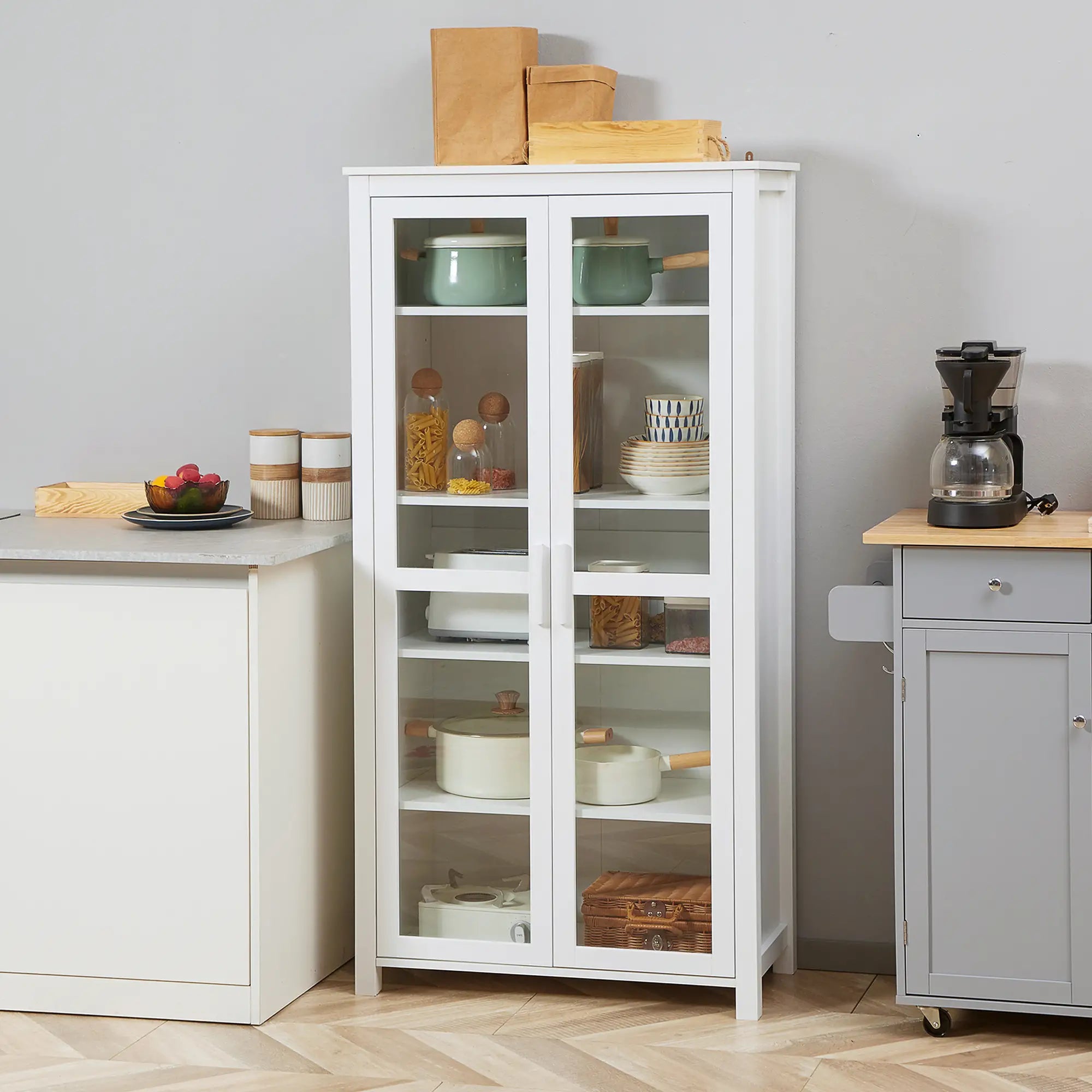 Freestanding Kitchen Pantry, 5-Tier Storage Cabinet, Adjustable Shelves, 2 Glass Doors, White Kitchen Pantry Cabinets at Gallery Canada