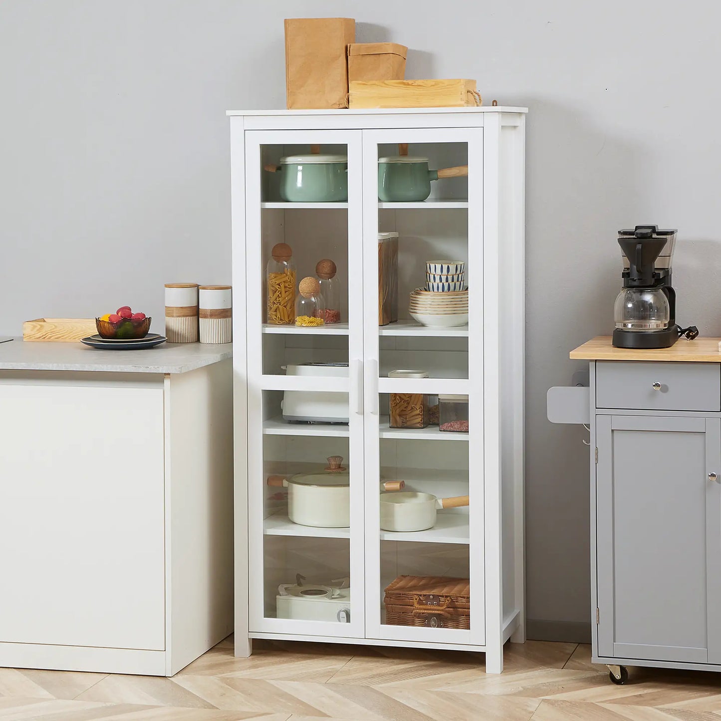 Freestanding Kitchen Pantry, 5-Tier Storage Cabinet, Adjustable Shelves, 2 Glass Doors, White Kitchen Pantry Cabinets at Gallery Canada