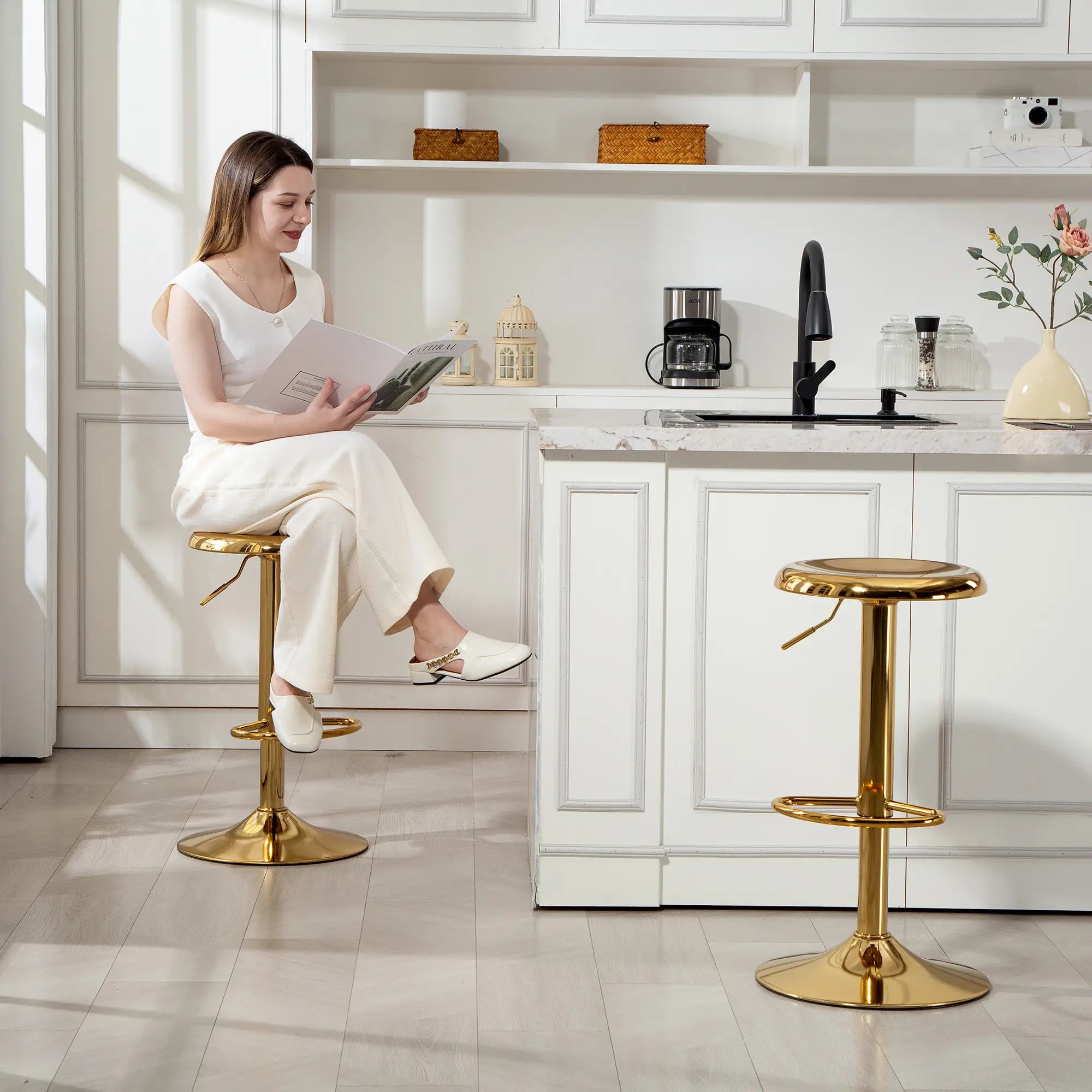 Steel Bar Stools Set of 2, Adjustable Counter Height, Gold Bar Stools at Gallery Canada