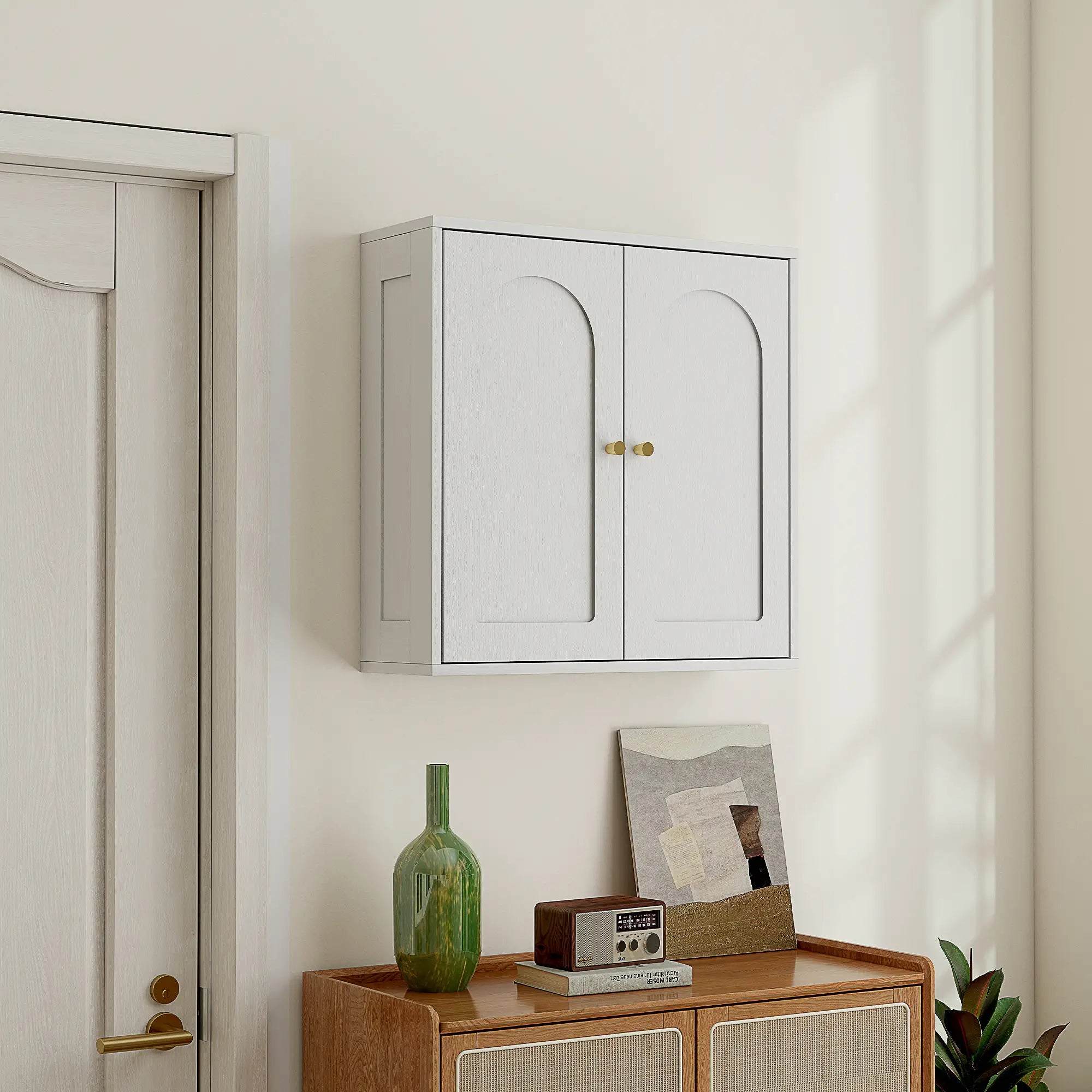 Modern Medicine Cabinet, Wood Grain, 2 Arched Doors, Gold Handles, White Bathroom Cabinets at Gallery Canada
