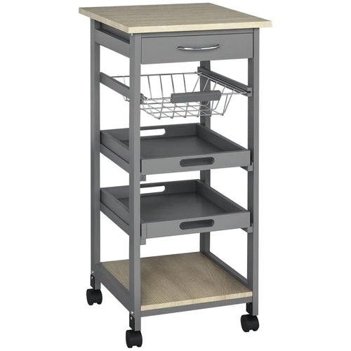 Rolling Kitchen Island Cart, Mobile Storage with Drawer, Wire Basket, Grey