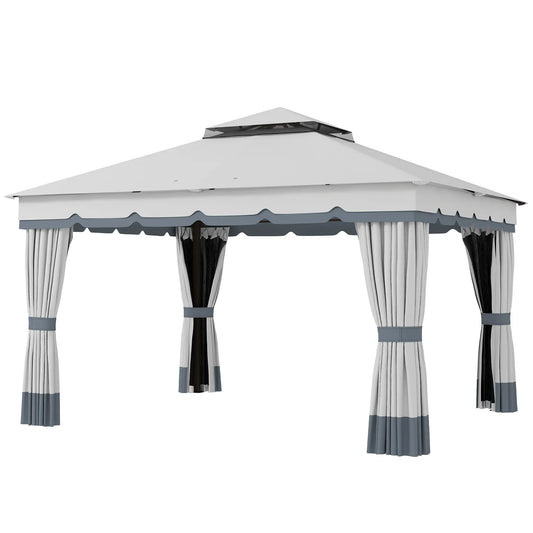 10' x 12' Double Roof Gazebo, Outdoor Shelter with Netting, Curtains Gazebos Light Grey at Gallery Canada