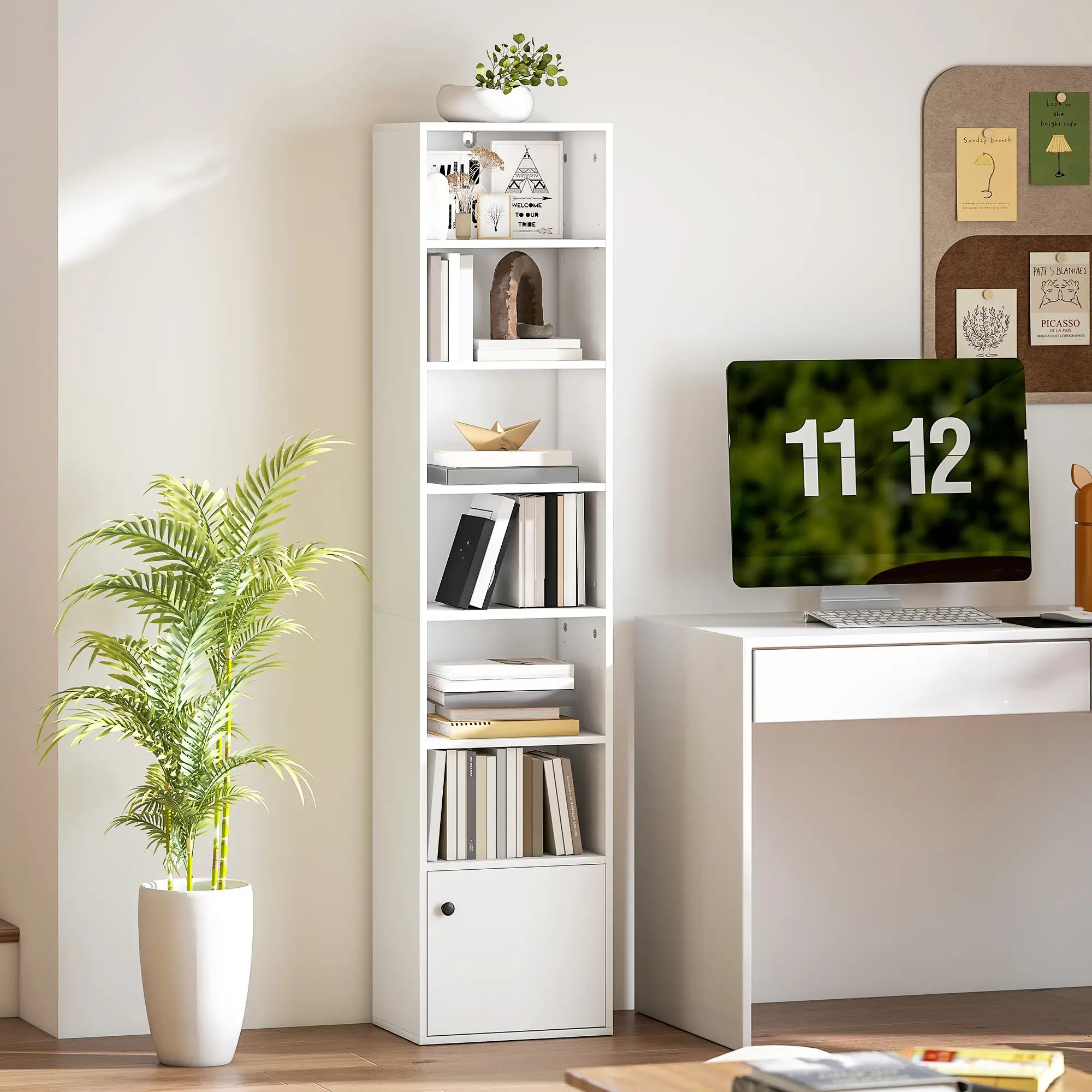 7-Tier Bookcase, Display Shelf with Cabinet, White Display Bookshelves at Gallery Canada