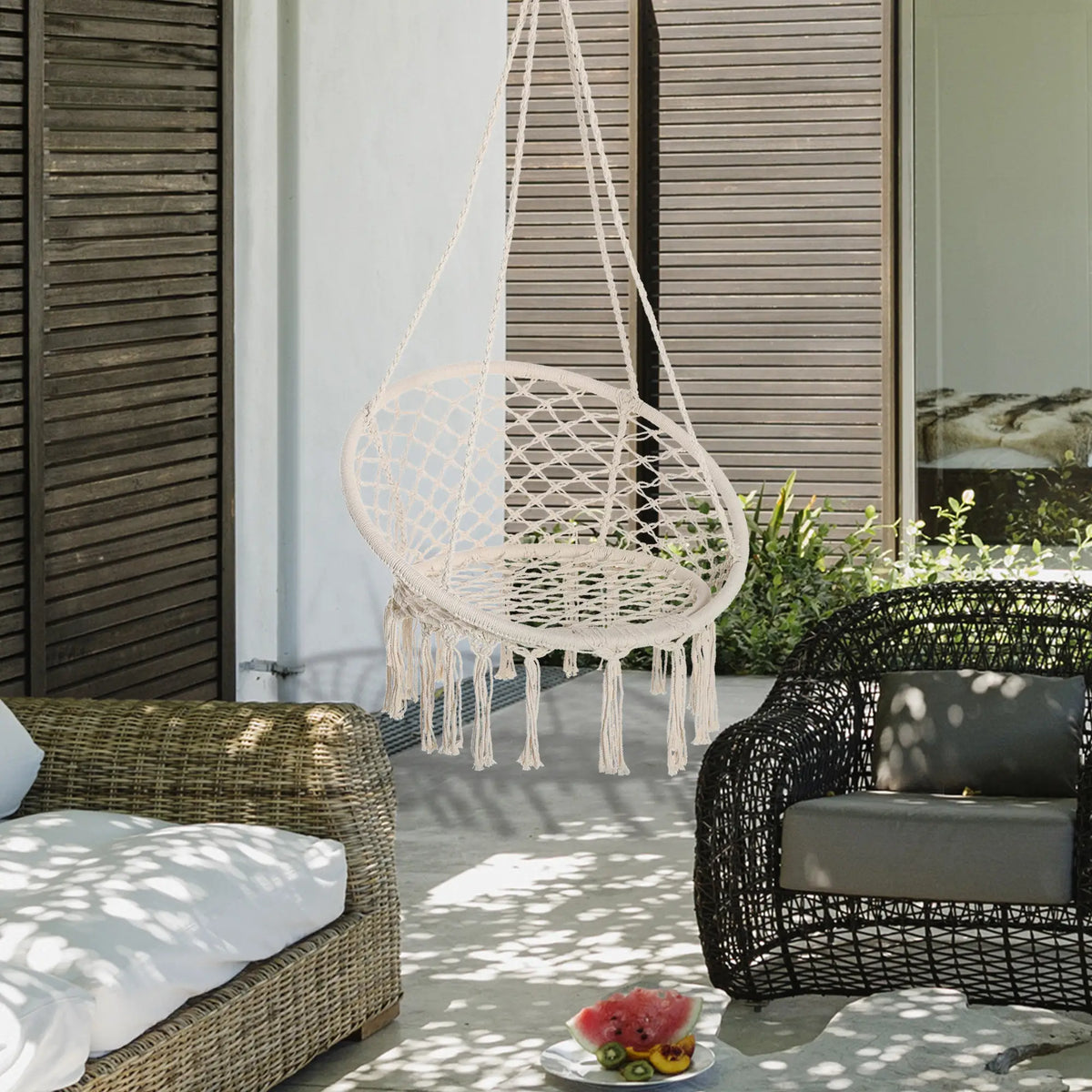 Patio Hanging Rope Hammock Swing Chair With Backrest, Cream White Hammock Swings at Gallery Canada