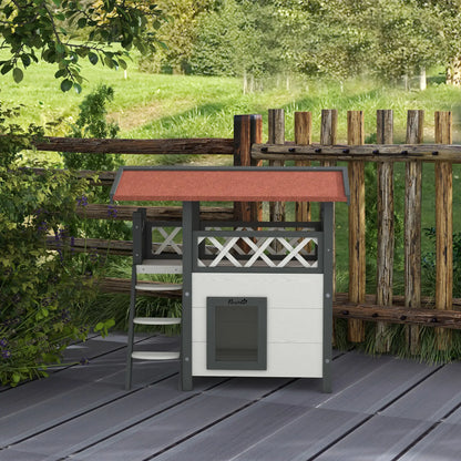 Wooden 2-Story Cat Shelter, Asphalt Roof, Stairs, Balcony, 30" x 20" x 29", White Cat Houses at Gallery Canada