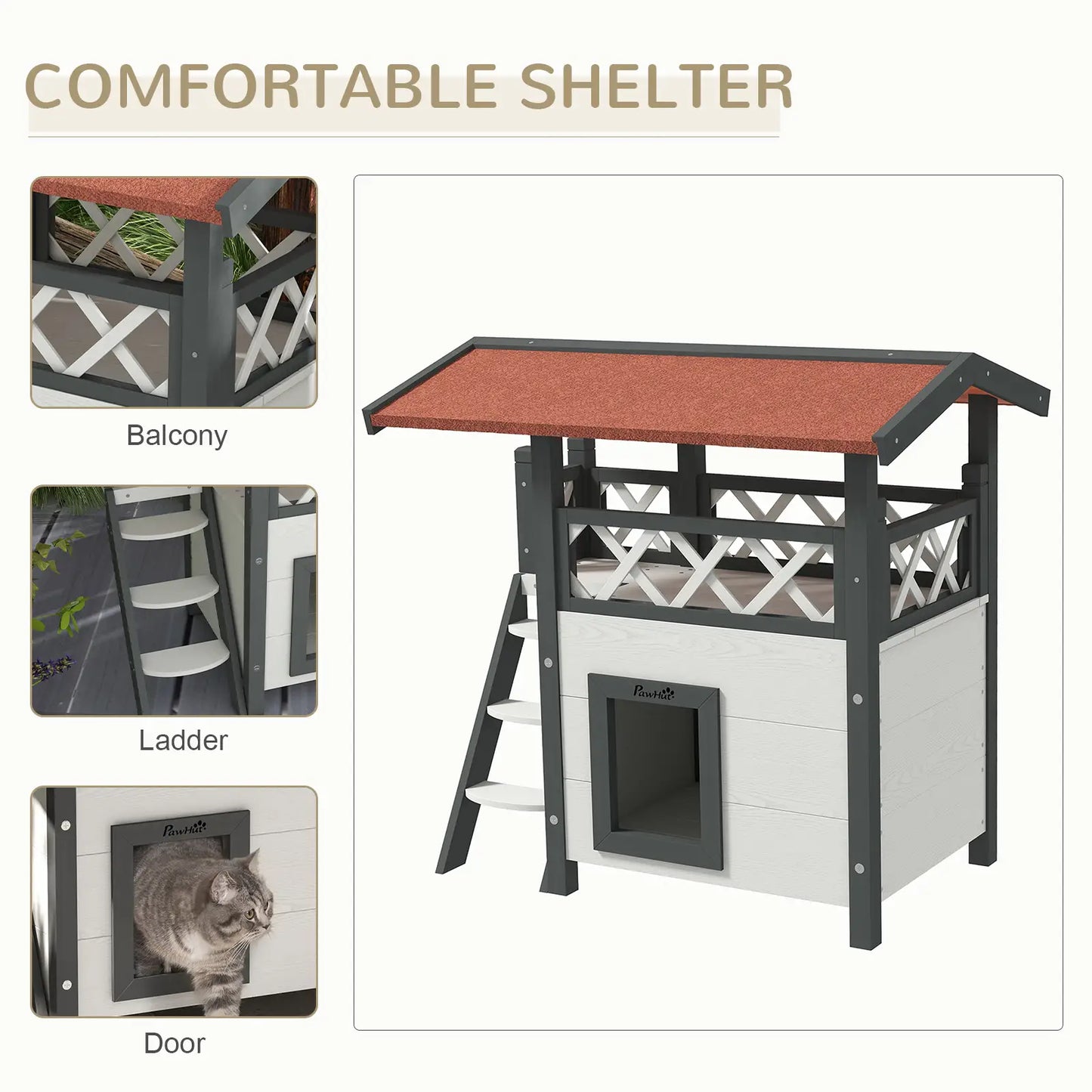 Wooden 2-Story Cat Shelter, Asphalt Roof, Stairs, Balcony, 30" x 20" x 29", White Cat Houses at Gallery Canada