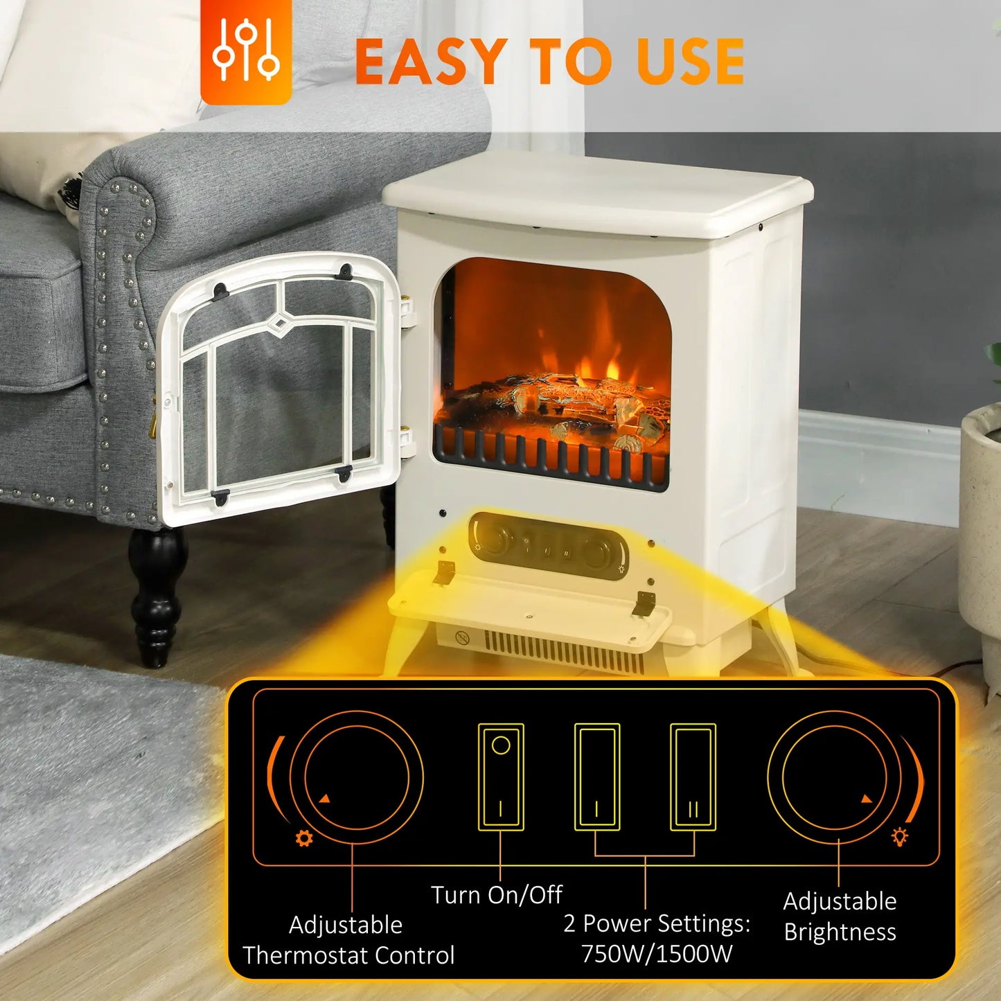 16" Freestanding Electric Fireplace Heater, Wood Flame, 750/1500W, Beige Electric Fireplaces at Gallery Canada