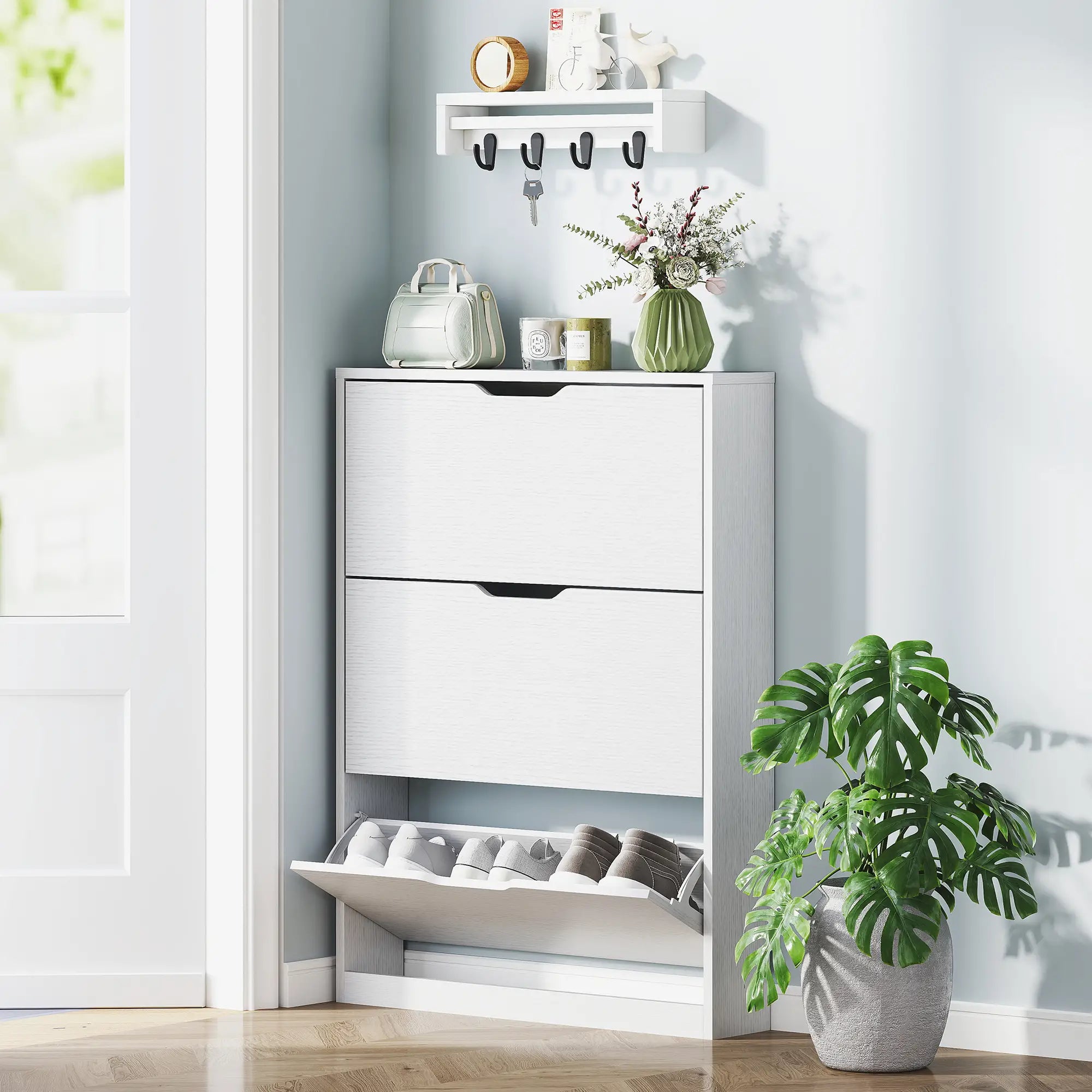 Narrow Shoe Cabinet 3 Flip Drawers, 31.5