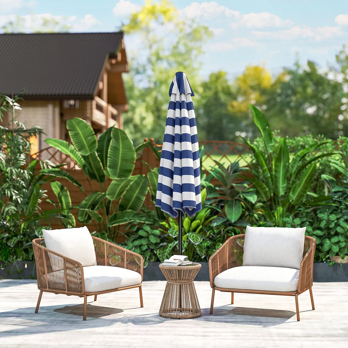 Outdoor Patio Sun Umbrella, 6 Ribs, Stripes, Blue Patio Umbrellas at Gallery Canada