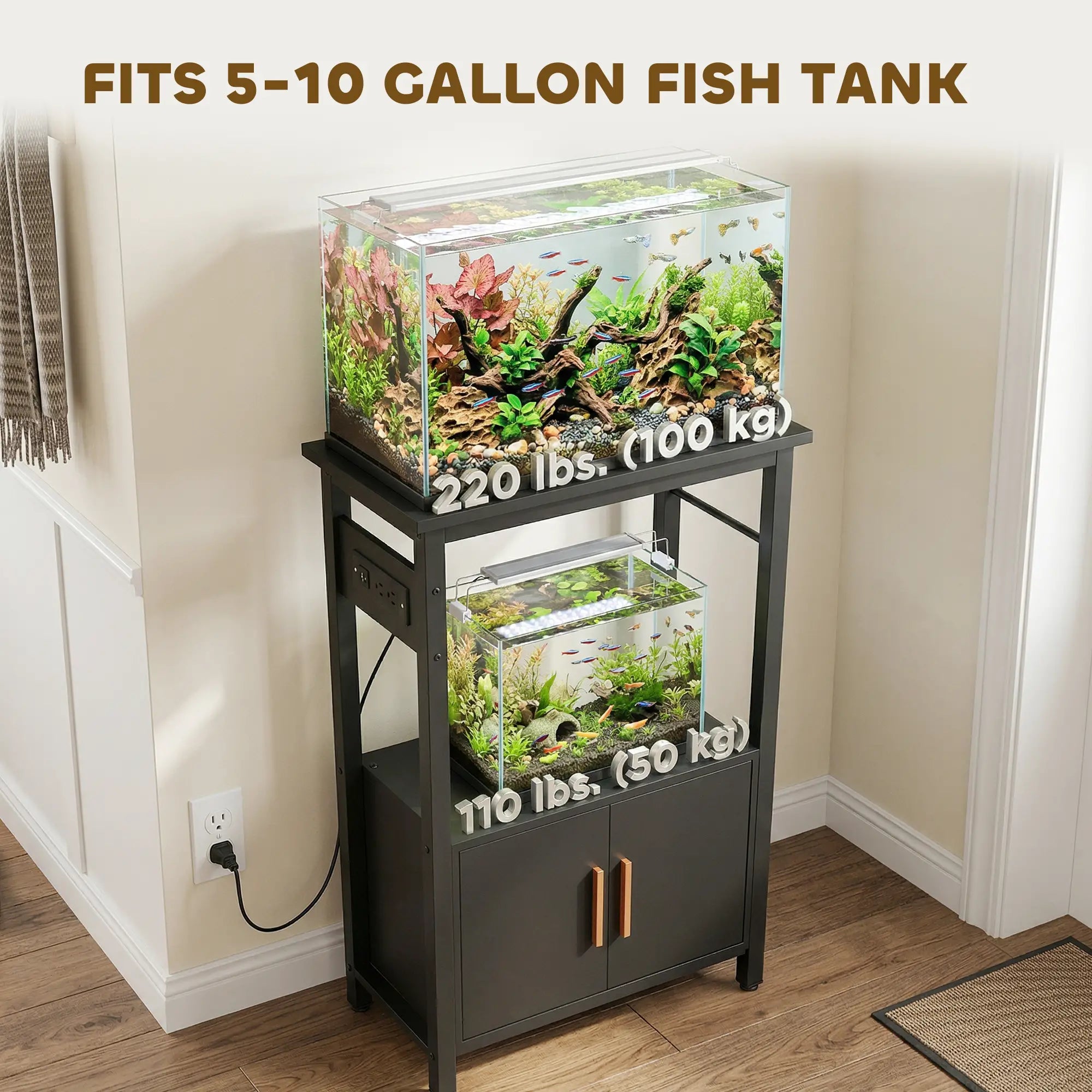 5-10 Gallon Fish Tank Stand Aquarium Stand with Power Outlets, Cabinet, Shelf, 550 lbs Capacity, 20.5