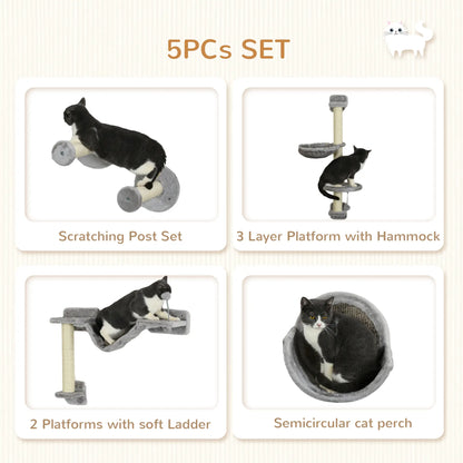 5PCs Cat Wall Shelves, Hammock, Scratching Posts, Perches, Ladder, Light Grey Cat Climbing Wall at Gallery Canada